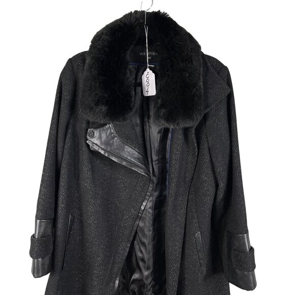 Via Spiga Women 16W Black Wool Blend Faux Fur Collar Asymmetrical Coat Old Money - Picture 16 of 16